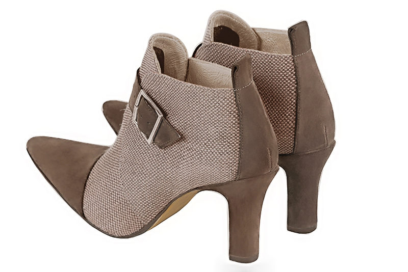 Women's chocolate brown and tan beige elegant ankle boots, with buckles at the front. Tapered toe. High kitten heels - Rear view